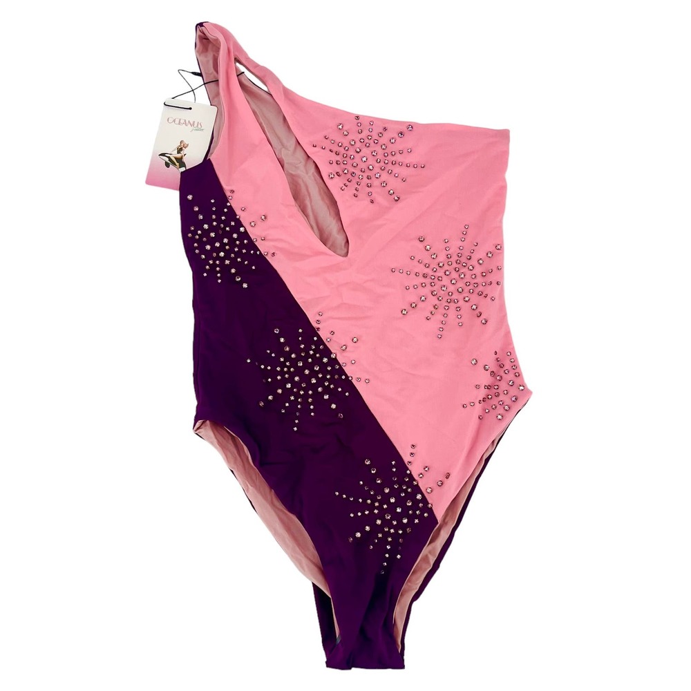 OCEANUS One Shoulder One Piece Swimsuit Pink Purple Cutout Rhinestone S NEW